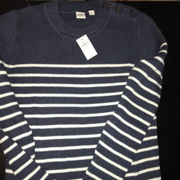 Gap Maternity Medium Navy Blue Stripe Button-shoulder Sweater NWT - Picture 4 of 6